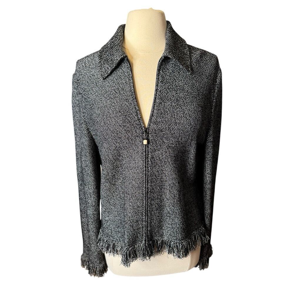 St. John Black & White Knit Zip Jacket with Fringe Trim